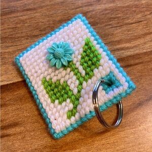 Handmade Needlepoint Keychain with Blue and Green Flower